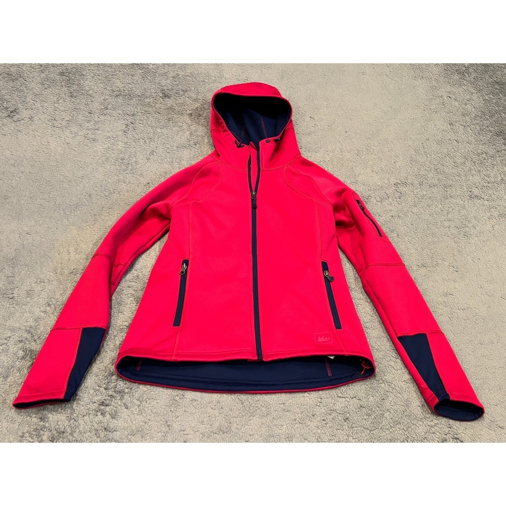 REI Jacket Womens Medium Pink Hooded Softshell Fleece Lined Zipper Pockets
